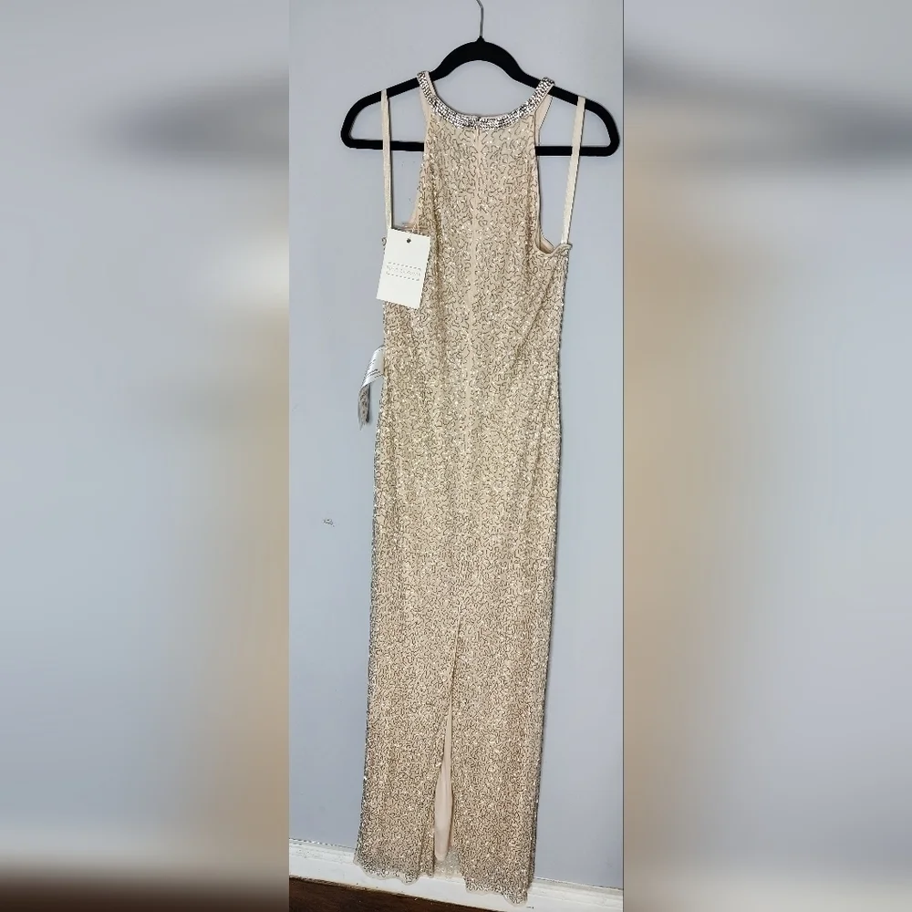 Mac Duggal BEADED SLEEVELESS HIGH NECK COLUMN GOWN size 10  Nude Silver - Picture 8 of 15